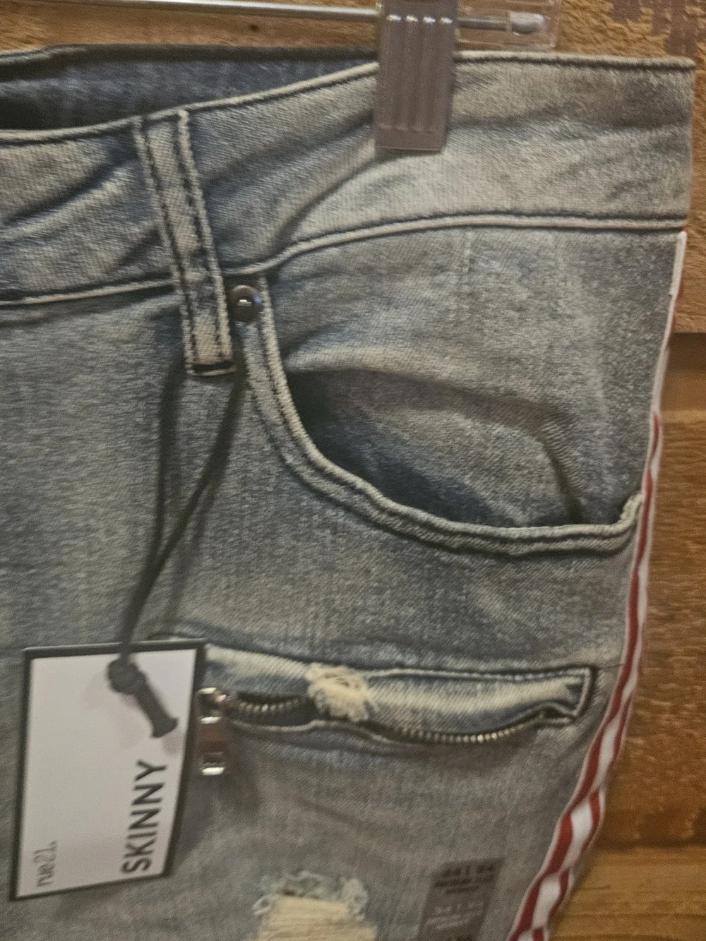 Rue21 Men's Light Blue Distressed Skinny Jeans with Red Side Stripe